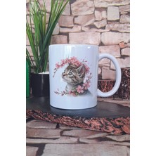 Sevimli Kedi ve Çiçek Temalı No: 5 Hediyelik Baskılı Çay Kahve Sunum Kupa Bardak