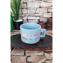 Books Tea Love Temalı Kitap ve Çay Aşkı Kare Kulplu Fincan Mavi Kupa Bardak