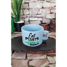Eat More Plants Baskılı Vegan Kare Kulplu Fincan Mavi Kupa Bardak