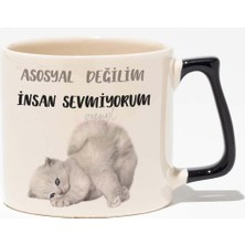 Asosyal Değilim Insan Sevmiyorum Kedi Hediyelik Eğlenceli Baskılı Siyah Kulplu Modern Seramik Kupa