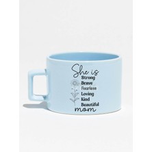 She Is Mom Baskılı Anneler Günü Hediyelik Mavi Dikdörtgen Kulplu Fincan Kupa Bardak