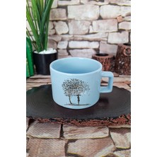 Kalp Yapraklı Hayat Ağacı ve Kuş Baskılı Romantik Hediyelik Kare Kulplu Fincan Mavi Kupa Bardak