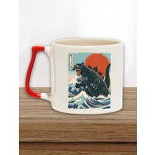 Catzilla Baskılı Japon Sevimli Kedi Anime Manga Doğum Günü Hediye Kırmızı Kulplu Kupa Bardak