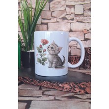 Sevimli Kedi ve Çiçek Temalı No: 4 Hediyelik Baskılı Çay Kahve Sunum Kupa Bardak