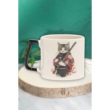 Sevimli Samuray Kedi Baskılı Japon Anime Manga Savaşçı Doğum Günü Hediye Siyah Kulplu Kupa Bardak