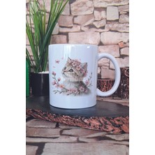 Sevimli Kedi ve Çiçek Temalı No: 1 Hediyelik Baskılı Çay Kahve Sunum Kupa Bardak