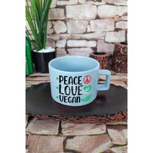 Peace Love Veganism Baskılı Kare Kulplu Fincan Mavi Kupa Bardak