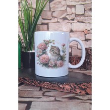 Sevimli Kedi ve Çiçek Temalı No: 6 Hediyelik Baskılı Çay Kahve Sunum Kupa Bardak