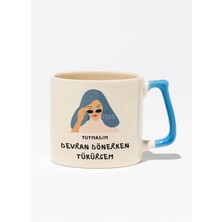 Yutmadım Bekliyorum Eğlenceli Giderli Hediyelik Beyaz Baskılı Mavi Kulplu Modern Seramik Kupa