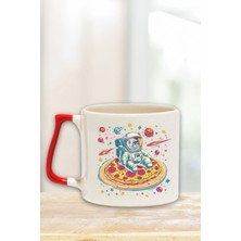 Pizza Sevimli Astronot Kedi Baskılı Uzay Kedi Pizza Komik Hediye Kırmızı Kulplu Kupa Bardak