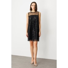 Ekol Kadın Pul ve Boncuklu Diz Üstü Elbise 5206 Siyah