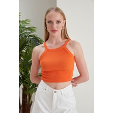 Turuncu Fitted/vücuda Oturan Iki Omuzu Açık Miami Fitilli Esnek Örme Bluz