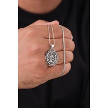 Gümüş Arapça Edeb Ya Hu Yazılı Eskitme Karartılmış Oval Erkek Kolye