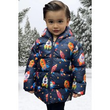 Spor Erkek Çocuk Polarlı Kapüşonlu Roket Desenli Şişme Mont Parka