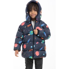 Erkek Çocuk Polarlı Kapüşonlu Gezegen Yıldız Desenli Kışlık Şişme Mont & Kaban & Parka