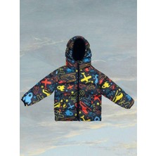 Erkek Çocuk Polarlı Kapüşonlu Helikopter Desenli Kışlık Şişme Mont