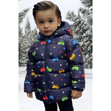Spor Erkek Çocuk Polarlı Kapüşonlu Araba Yıldız Ay Desenli Şişme Mont Parka