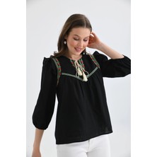 Kadın Uzun Kol Bağlama Detay Nakışlı Salaş Bluz