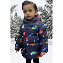 Erkek Çocuk Polarlı Kapüşonlu Gezegen Yıldız Desenli Kışlık Şişme Mont & Kaban & Parka