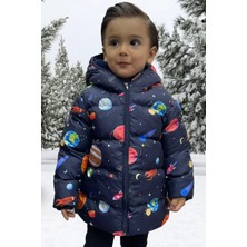 Spor Erkek Çocuk Polarlı Kapüşonlu Gezegen Yıldız Desenli Şişme Mont Parka