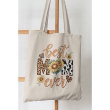 Best Mom Ever Baskılı Anneler Günü Hediyelik Bej %100 Pamuklu Ham Bez Bej Çanta