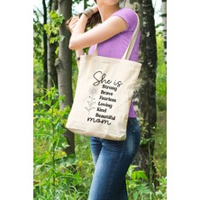 She Is Mom Baskılı Anneler Günü Hediyelik Bej %100 Pamuklu Ham Bez Bej Çanta