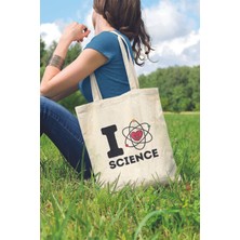 I Love Science Bilim Öğrenci Hediyelik Baskılı %100 Pamuklu Ham Bez Bej Çanta