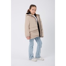 Spor Kız Çocuk Taba Kürklü Su ve Rüzgar Geçirmez Kapüşonlu 3 Mont Parka