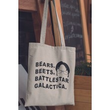 Bears Beets The Office The Office Dwight Schrute Baskılı %100 Pamuklu Ham Bez Bej Çanta
