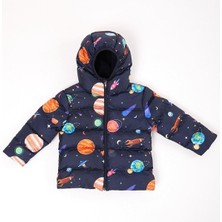 Spor Kız Çocuk Polarlı Kapüşonlu Gezegen Yıldız Desenli Şişme Mont Parka