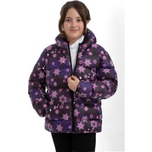 Kız Çocuk Kar Tanesi Desen Polar Su ve Rüzgar Geçirmez Kapüşonlu Cepli Şişme Kışlık Mont