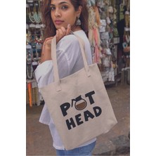 Pot Head Eğlenceli Komik Hediyelik Baskılı %100 Pamuklu Ham Bez Bej Çanta