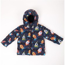 Spor Kız Çocuk Polarlı Kürklü Kapüşonlu Roket Desenli Şişme Mont Parka