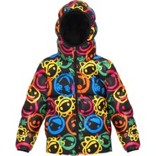 Kız Çocuk Gülen Emoji Polarlı Kürklü Su ve Rüzgar Geçirmez Kapüşonlu Cepli Kışlık Şişme Mont