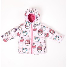 Spor Kız Çocuk Polarlı Kürklü Kapüşonlu Penguen Şeker Desenli Şişme Mont Parka