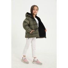 Spor Kız Çocuk Polarlı Kürklü Kapüşonlu Su Geçirmez Rüzgara Dayanıklı Şişme Mont