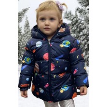 Kız Çocuk Polarlı Kapüşonlu Gezegen Yıldız Desenli Kışlık Şişme Mont & Kaban & Parka