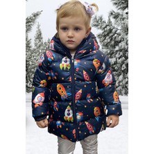 Kız Çocuk Polarlı Kapüşonlu Roket Desenli Kışlık Şişme Mont & Kaban & Parka