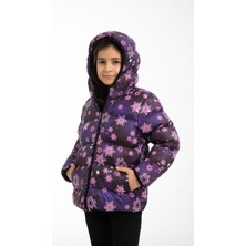 Spor Kız Çocukçiçek Desen Polar Su ve Rüzgar Geçirmez Kapüşonlu Şişme Mont