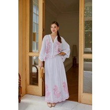 Kadın Ekru Pembe Şal Desen Nakışlı Yarasa Kol Beli Lastikli Bluz Etek Takım