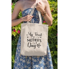 My First Mother's Day Baskılı Anneler Günü Hediyelik Bej %100 Pamuklu Ham Bez Bej Çanta