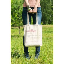 Mother Sözlük Baskılı Anneler Günü Hediyelik Bej %100 Pamuklu Ham Bez Bej Çanta