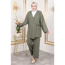 Kadın Kruvaze Yaka Yandan Bağlamalı Pantolonlu Tunik Tesettür Takım Haki