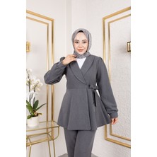 Kuşak Detay Ceketli Poliviskon Takım-Antrasit