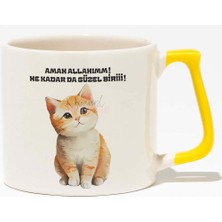 Ne Kadar Da Güzel Biri-Masum Kedi Beyaz Baskılı Sarı Kulplu Modern Seramik Kupa