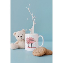 Kalp Yapraklı Hayat Ağacı ve Kuş Baskılı Romantik Hediyelik Beyaz Kupa Bardak