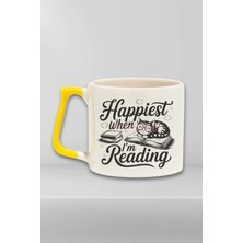 Happiest When I Am Reading Yazılı Kitap Sever Mutluluğu Hediyelik Sarı Kulplu Kupa Bardak