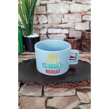 Eat Sleep Code Repeat Baskılı Yazılımcı Kare Kulplu Fincan Mavi Kupa Bardak