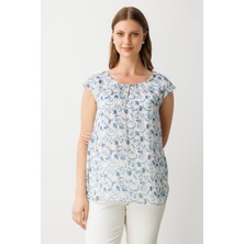 Ekol Kadın Büyük Beden Desenli Kolsuz Bluz 3624 Mavi
