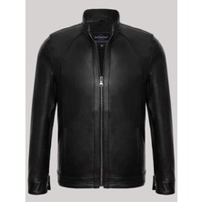 Deri Work Hakiki Kuzu Derisi Siyah Erkek Deri Mont Düz Slim Fit Hakim Yaka Deri Ceket